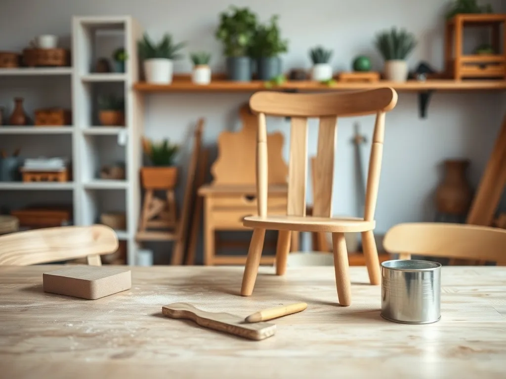 Stare drewniane krzesło częściowo oszlifowane na stole warsztatowym, obok papier ścierny, pędzel i puszka farby.