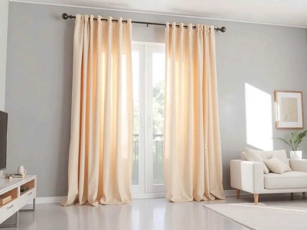 Przytulny salon z szarymi ścianami, białymi meblami i beżowymi zasłonami do podłogi, przepuszczającymi naturalne światło.