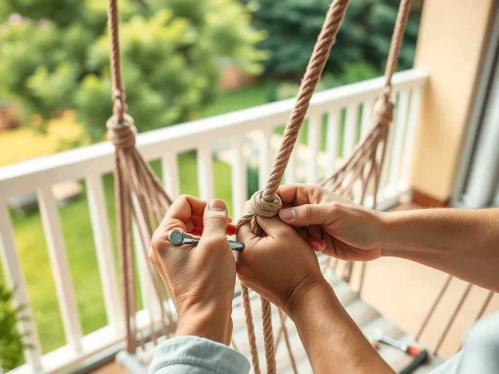 Dłonie dokręcają śruby i mocują nową linę w fotelu wiszącym na balkonie, obok leżą proste narzędzia DIY
