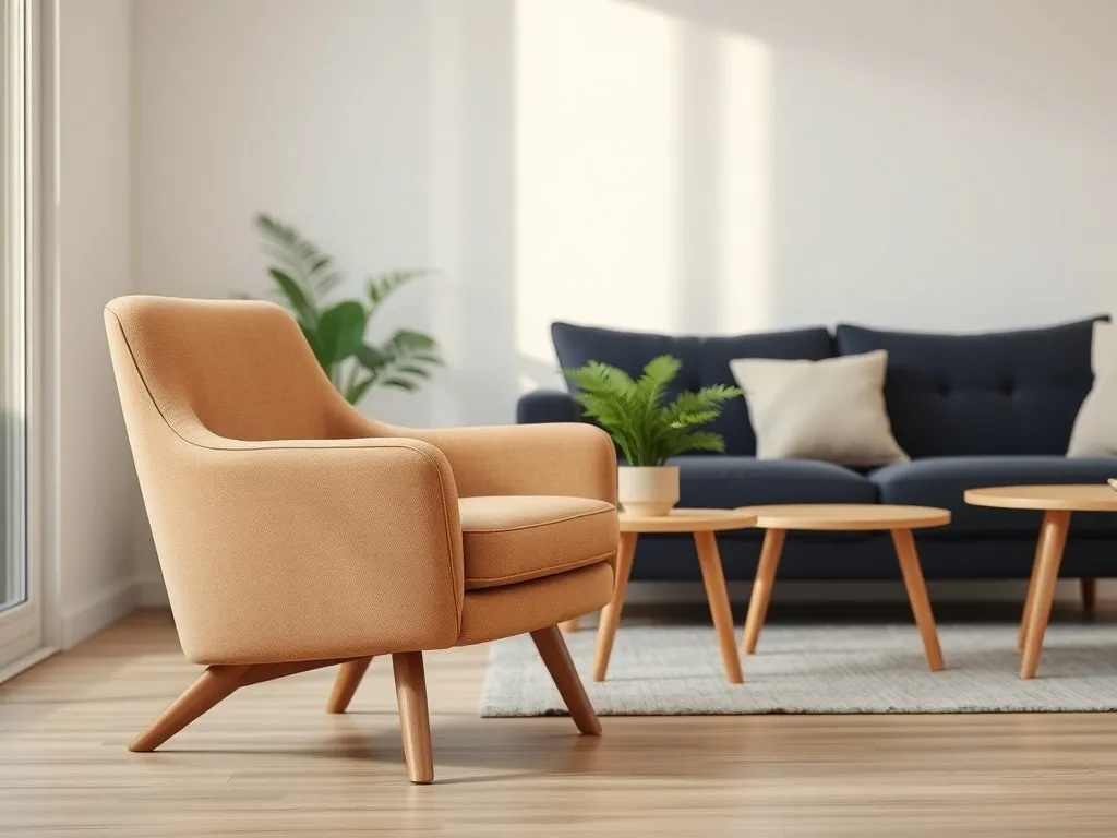 Beżowy fotel akcentujący przy stoliku obok zielonej rośliny, na tle granatowej sofy w jasnym, nowoczesnym salonie