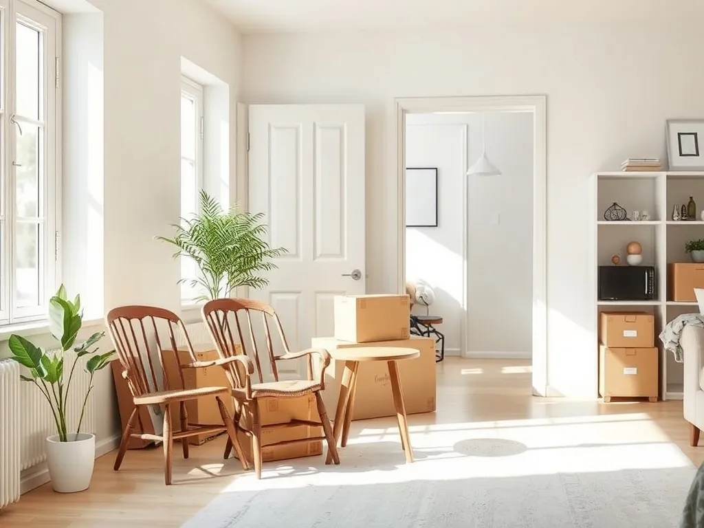 Stare krzesła i stolik przygotowane do wyniesienia, obok opisane kartony, sugerujące porządki i pozbywanie się mebli