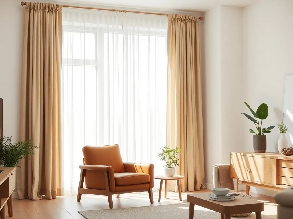 Jasny salon z białymi ścianami, brązowymi meblami i beżowymi, długimi zasłonami wpuszczającymi naturalne światło
