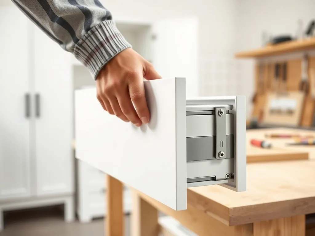 Ręce wsuwające białą szufladę na prowadnice Blum w jasnej kuchni, pokazanie montażu krok po kroku.