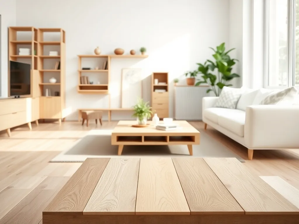 Jasny salon w stylu skandynawskim z próbkami paneli podłogowych w różnych odcieniach drewna obok jasnych mebli.