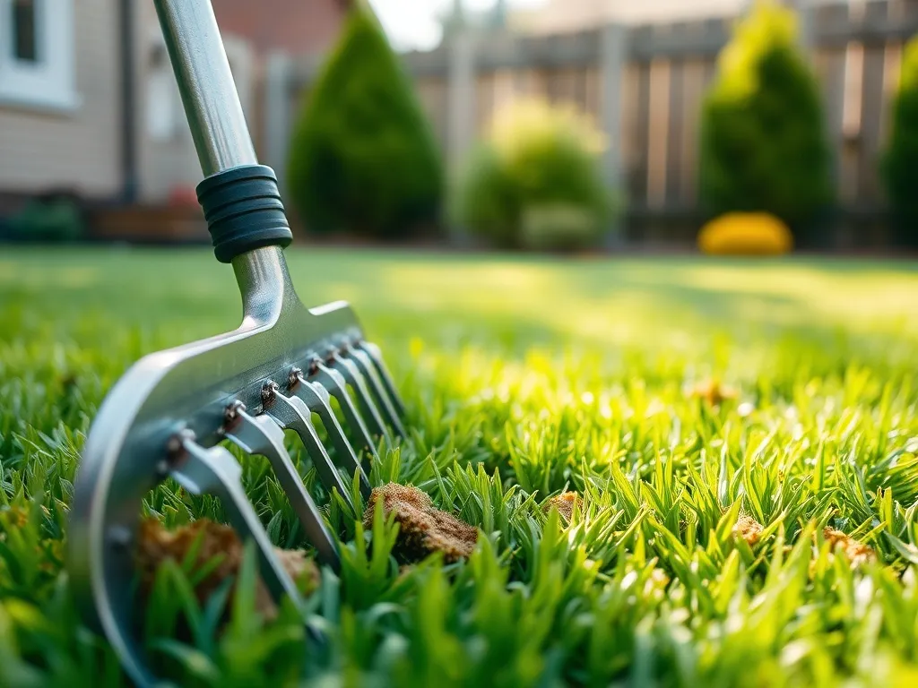 Ręczny wertykulator unosi filc i mech z gęstego, zielonego trawnika w przydomowym ogródku wczesną wiosną.