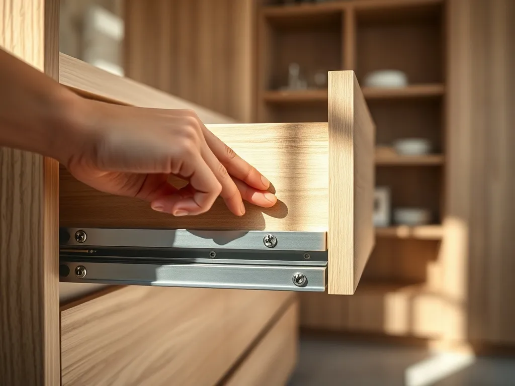 Dłoń regulująca mechanizm cichego domyku w wysuniętej szufladzie nowoczesnej, jasnej kuchni.