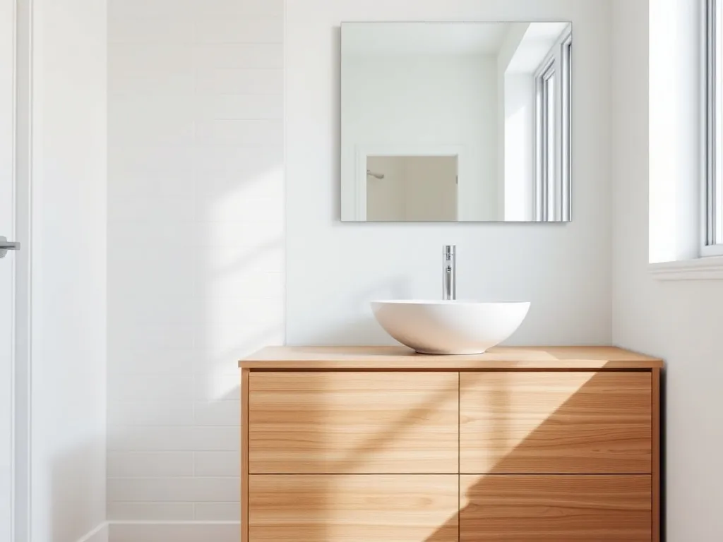 Nowoczesna łazienka z szafką pod umywalkę nablatową, pokazująca ergonomiczne ustawienie blatu i umywalki.
