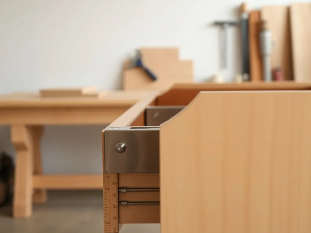 Zbliżenie na wysuniętą szufladę z metalowymi prowadnicami i miarką mierzącą ich długość w prostym warsztacie.