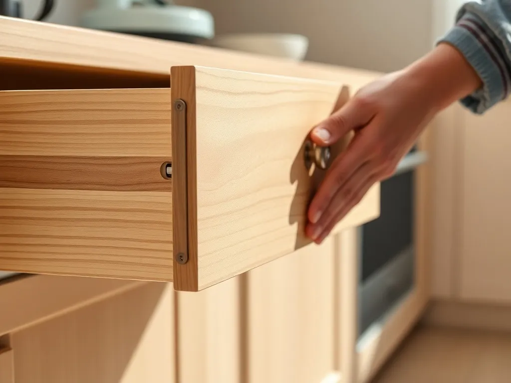Ręce unoszą front drewnianej szuflady, wysuwanej z bocznych prowadnic w jasnej, nowoczesnej kuchennej szafce