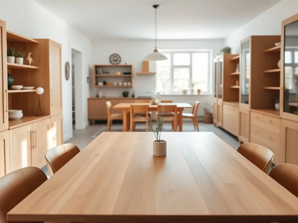 Jadalnia z drewnianym stołem w innym kolorze niż meble, pokazująca, jak łączyć różne odcienie w spójną aranżację.