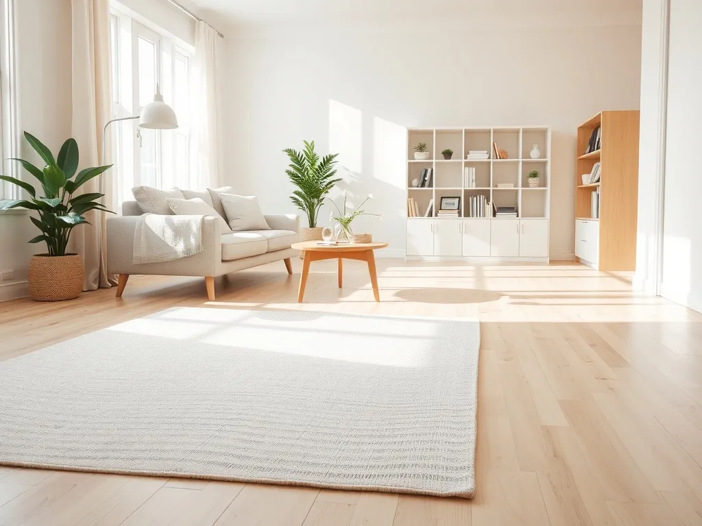 Przytulny salon w stylu skandynawskim z jasną podłogą i beżowo-szarym dywanem, który ociepla wnętrze i dodaje kontrastu.