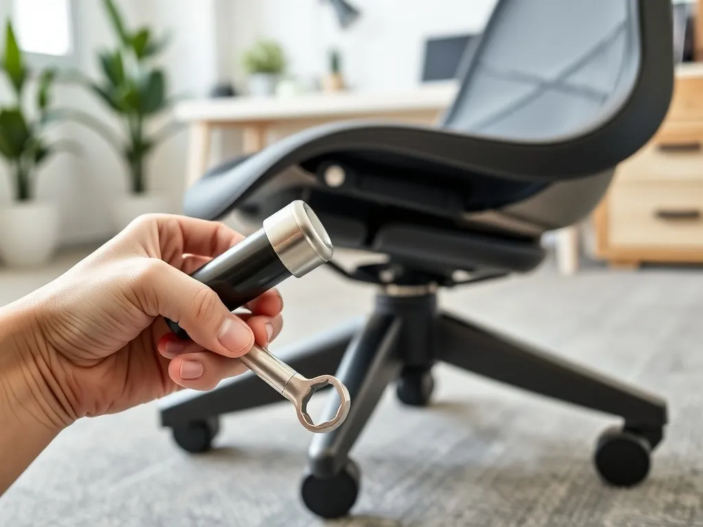 Dłonie demontujące siłownik gazowy z obróconego na bok fotela biurowego za pomocą prostego klucza w domowym biurze.