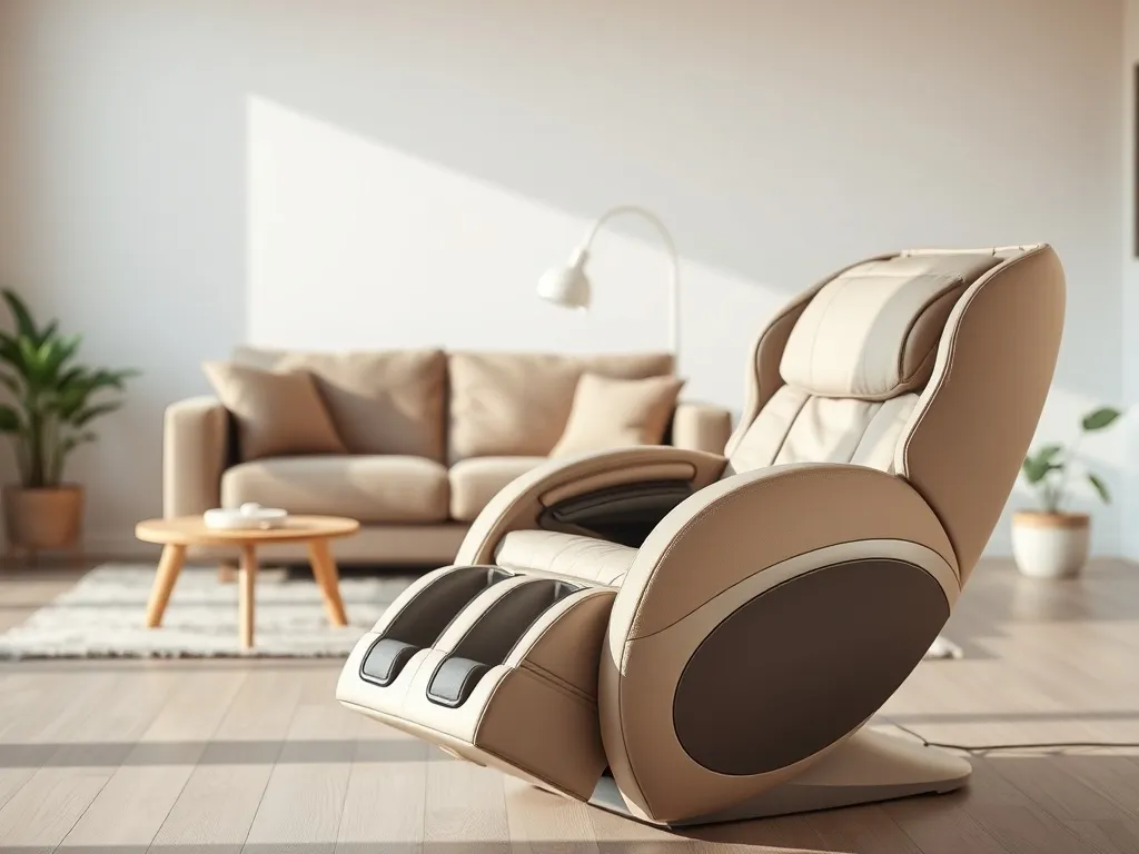 Nowoczesny fotel do masażu w jasnym, przytulnym salonie, podkreślający domowe zastosowanie i elegancki design.