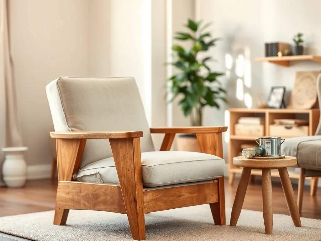 Półodnowiony fotel typu finka w salonie, z widoczną różnicą między starą a odświeżoną stroną oraz narzędziami do renowacji obok.