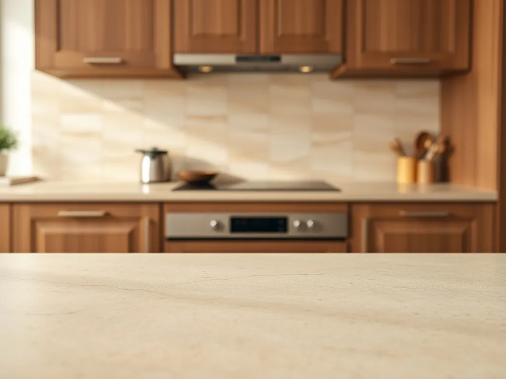 Brązowe meble kuchenne z jasnym beżowym blatem kamiennym o subtelnych żyłkach, w tle ciepłe, neutralne płytki