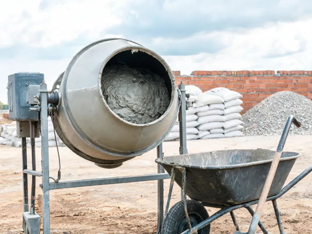 Mała betoniarka wypełniona świeżym betonem na budowie, obok taczka i łopata, w tle worki cementu i ściana z cegły
