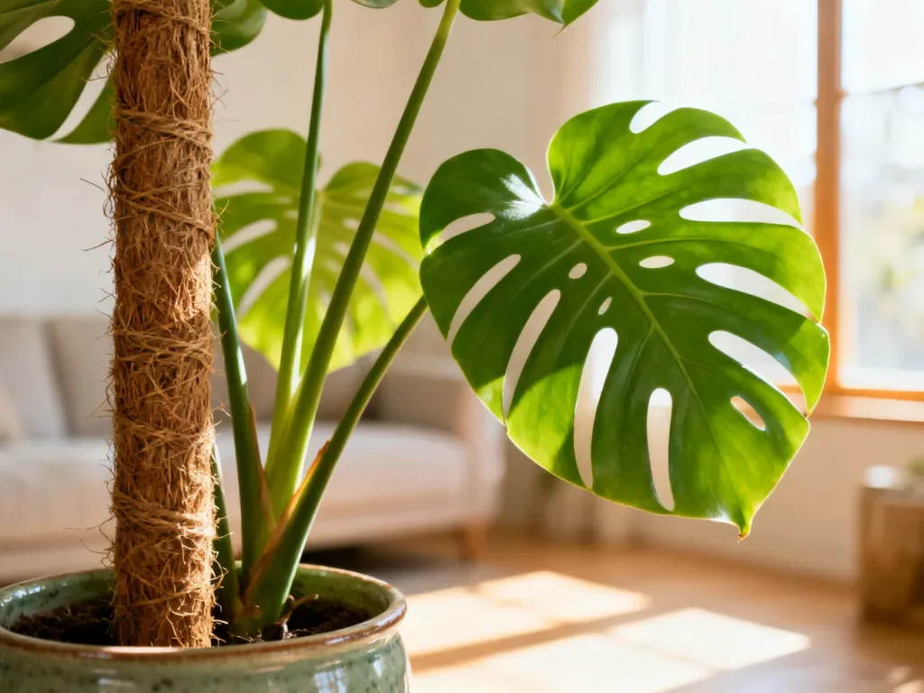 Monstera Deliciosa z palikiem kokosowym w ceramicznej donicy, ustawiona w jasnym, minimalistycznym salonie.