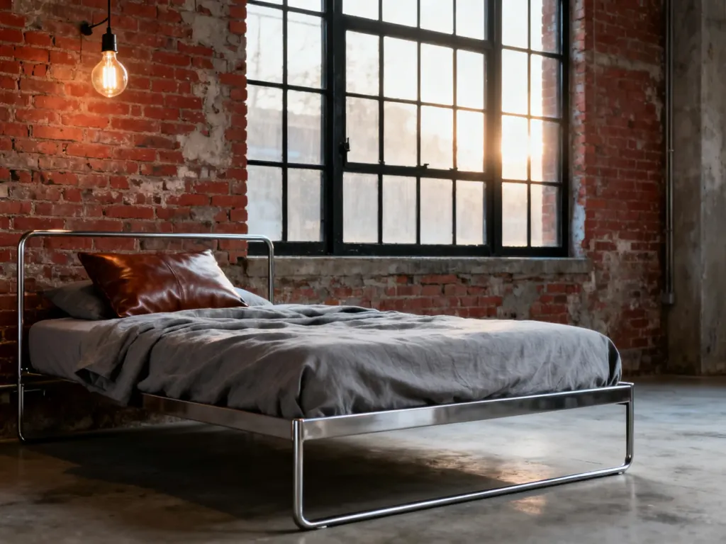 Minimalistyczna sypialnia w stylu loft z ceglaną ścianą, metalowym łóżkiem i nastrojowym oświetleniem typu Edison.