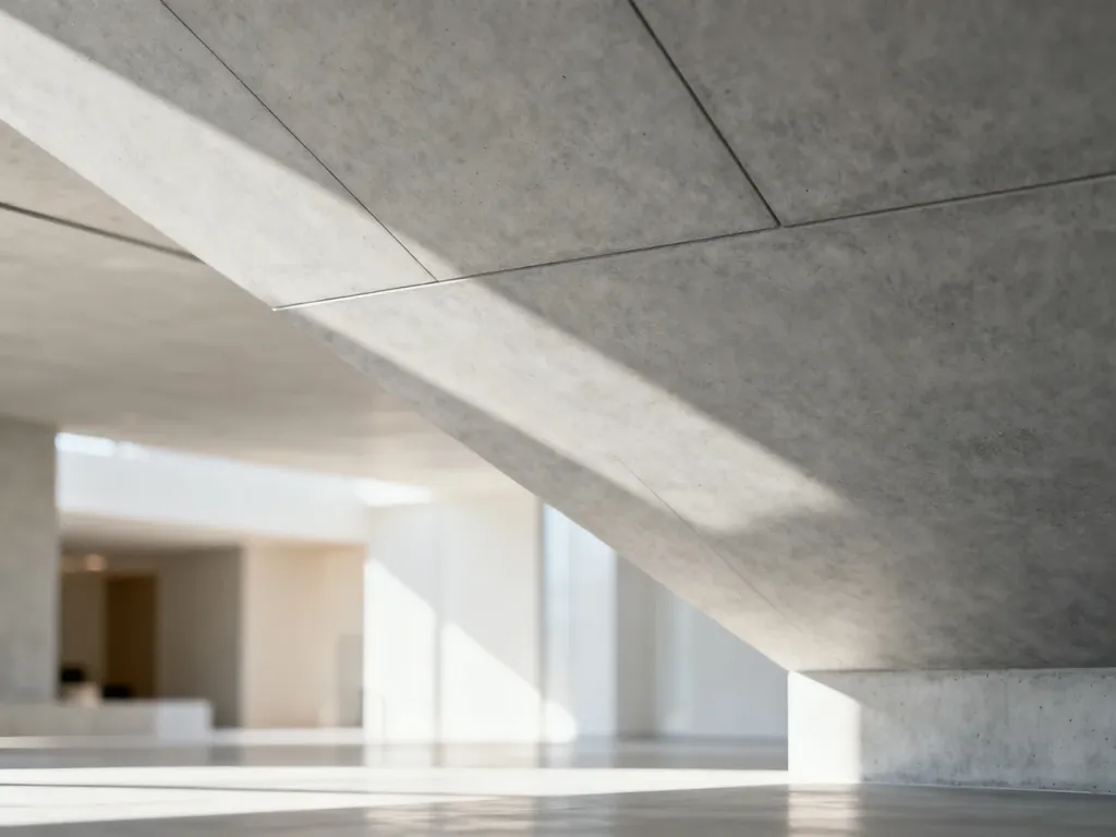 Nowoczesny, betonowy strop o gładkiej powierzchni i geometrycznych liniach w jasnym, minimalistycznym wnętrzu.