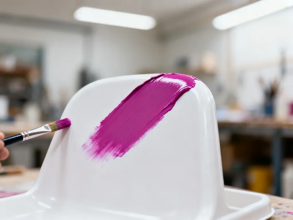 Pędzel nakładający matową farbę na białą powierzchnię plastikową w jasnym warsztacie.