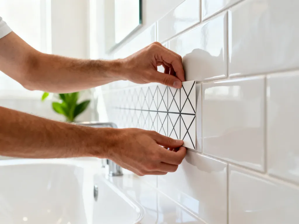 Dłonie precyzyjnie naklejają minimalistyczną naklejkę z geometrycznym wzorem na białą płytkę łazienkową.
