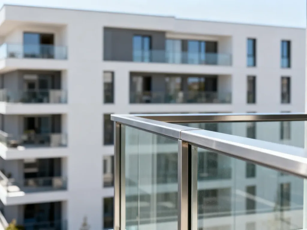 Nowoczesna szklana barierka balkonowa z metalową ramą, prezentująca minimalistyczny design i estetykę budynku.