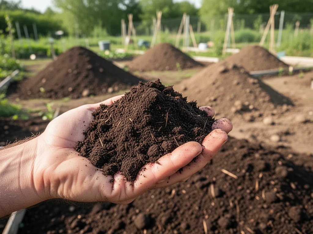 Dłoń ogrodnika trzyma garść ciemnego humusu, w tle pryzmy ziemi w ogrodzie, podkreślenie jakości i wartości gleby
