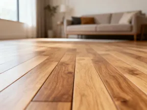 Puszysty kot siedzący na minimalistycznej drewnianej półce ściennej w przytulnym, nowoczesnym salonie.