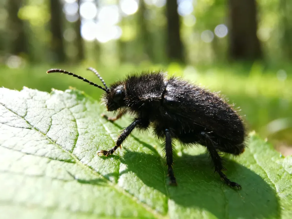 Dzier włochaty z widocznymi włoskami na ciele, odpoczywający na zielonym liściu w naturalnym świetle.