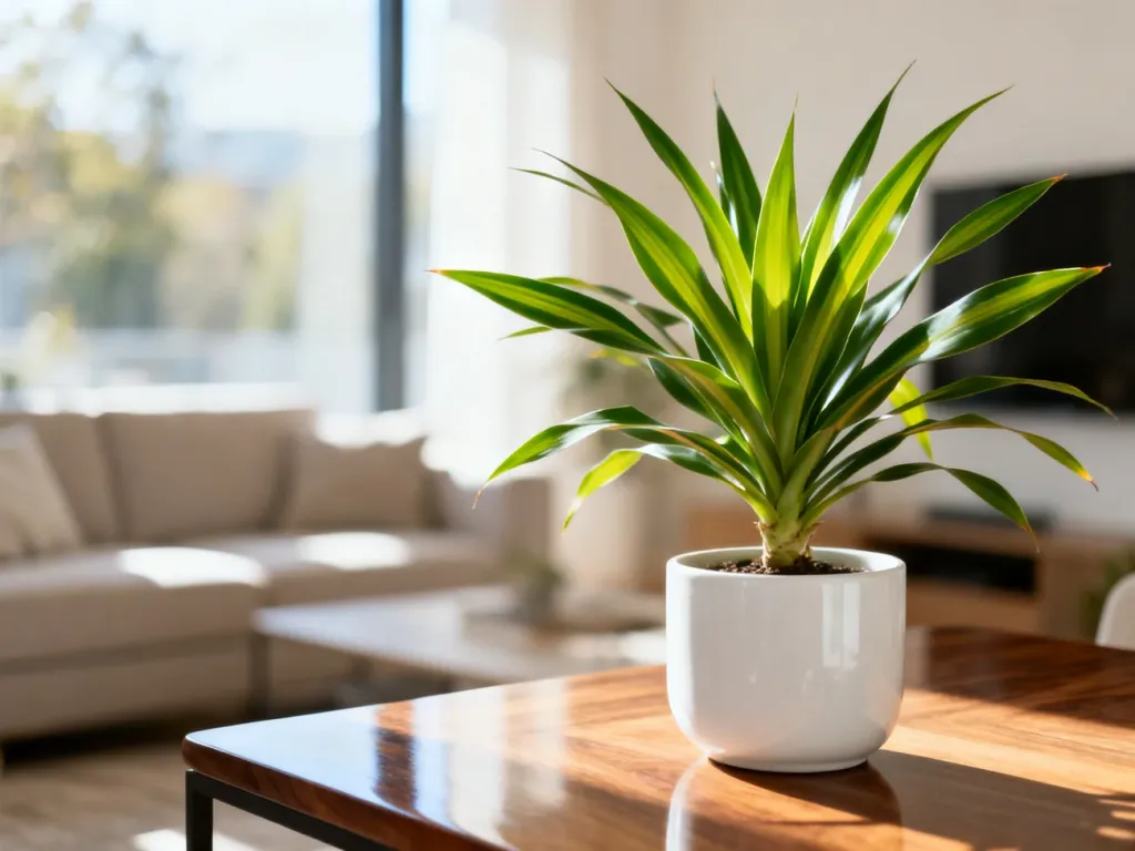 Dracena w białej doniczce na drewnianym stole w jasnym, nowoczesnym salonie.