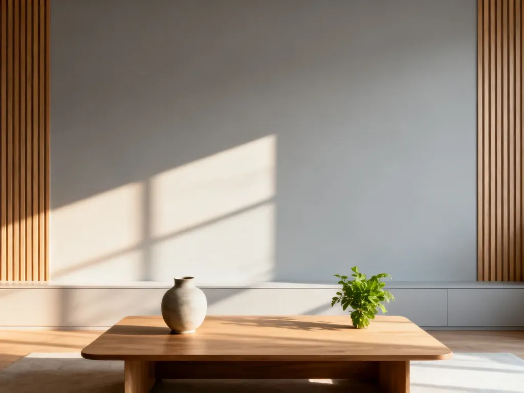 Nowoczesny salon z jasnoszarą ścianą ozdobioną drewnianymi lamelami, tworzącą przytulną i minimalistyczną przestrzeń.
