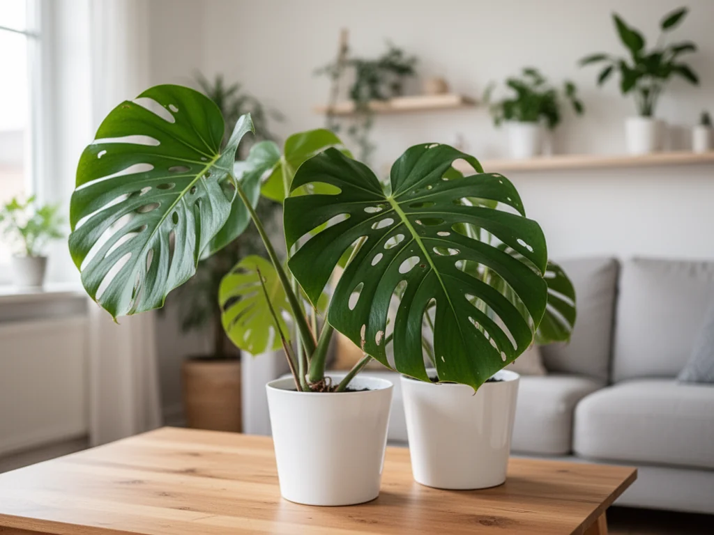 Zdrowa monstera w białej doniczce w jasnym salonie, ilustrująca odpowiednie warunki i pielęgnację rośliny pokojowej.