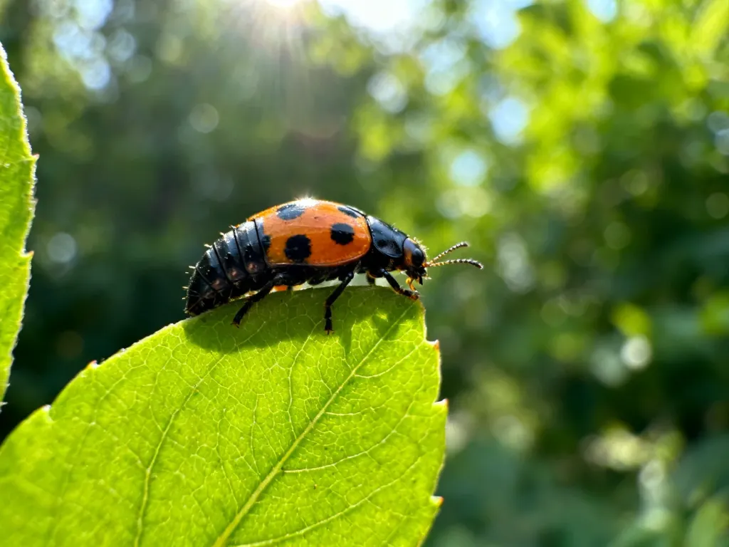 Larwa biedronki z charakterystycznymi czarno-pomarańczowymi wzorami odpoczywająca na zielonym liściu.