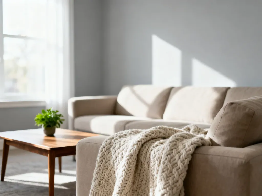 Przytulny salon z jasnoszarymi ścianami, beżową kanapą i drewnianym stolikiem, utrzymany w minimalistycznym stylu.