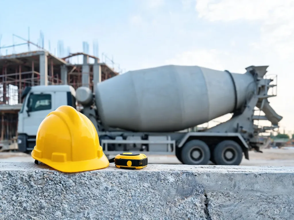 Betonowóz na placu budowy z kaskiem i miarką, symbolizujący orientacyjny ciężar „gruszki z betonem”.