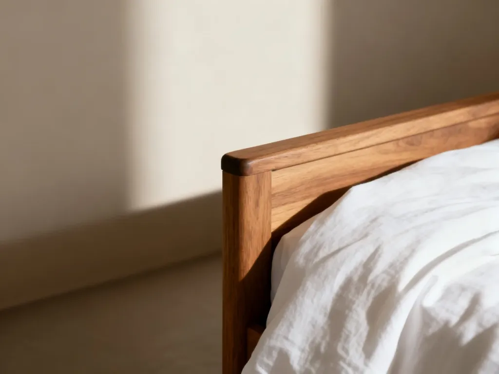 Minimalistyczna sypialnia z drewnianym łóżkiem i białą pościelą, w której mogą ukrywać się pluskwy.