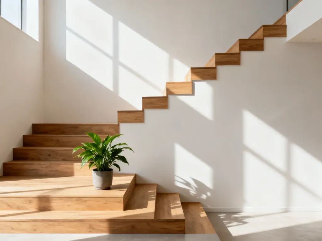 Nowoczesne drewniane schody z minimalistyczną rośliną doniczkową, podkreślające elegancję i naturalne światło wnętrza.