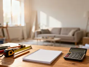 Profesjonalny montaż nowoczesnego okna z użyciem poziomicy i miarki na parapecie w jasnym, minimalistycznym wnętrzu.