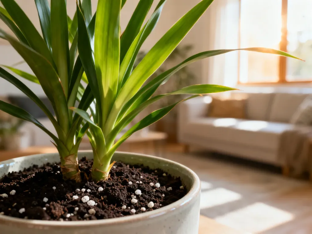 Zdrowa dracena w ceramicznej doniczce z widocznym, żyznym podłożem z perlitem w słonecznym salonie.
