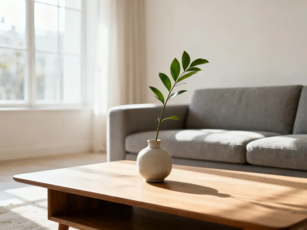 Nowoczesny salon w minimalistycznym stylu z szarą sofą i drewnianym stolikiem, prezentujący przytulną aranżację wnętrza.