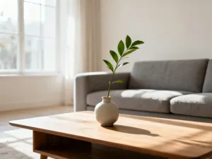 Nowoczesny salon z minimalistyczną ścianą z betonu architektonicznego oraz drewnianym stolikiem kawowym.