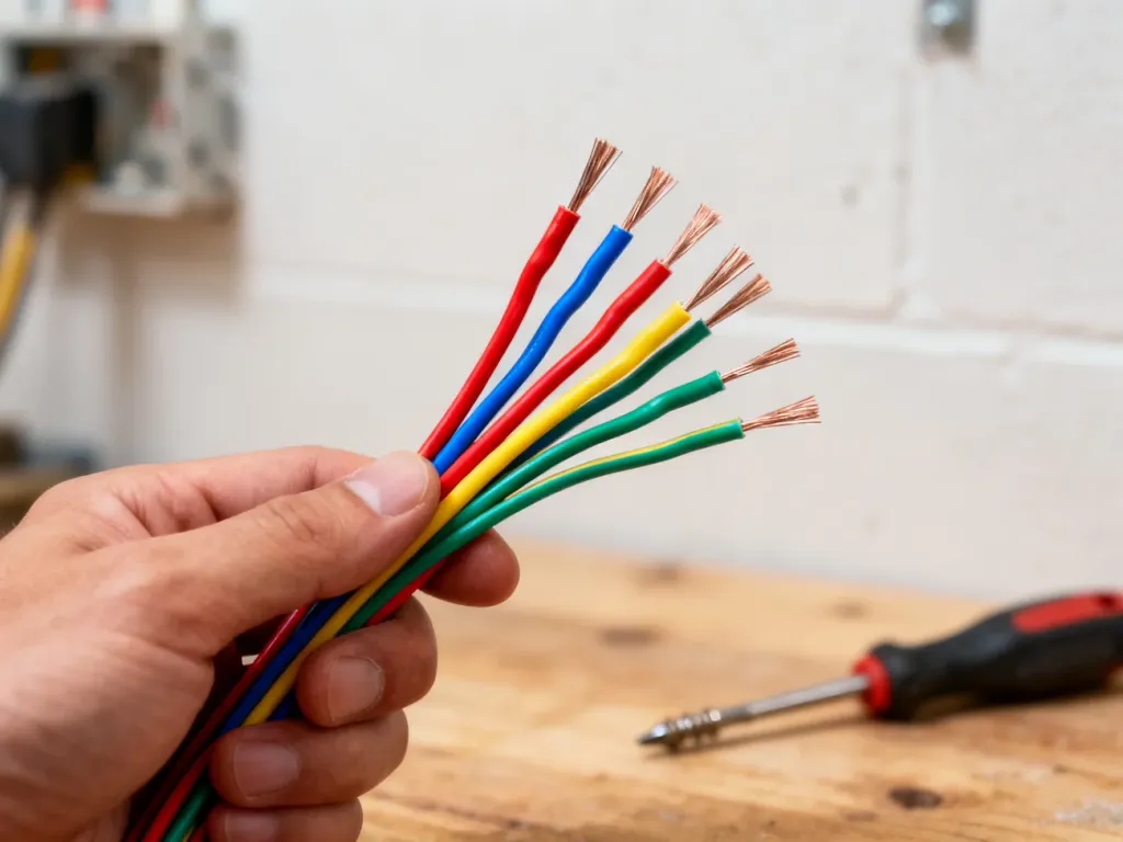 Wiązka kolorowych przewodów elektrycznych trzymana w dłoni, gotowa do podłączenia instalacji domofonowej.