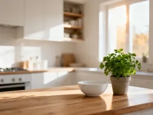 Zdrowy zamiokulkas o lśniących liściach w minimalistycznej doniczce, stojący na drewnianym stole w jasnym salonie.