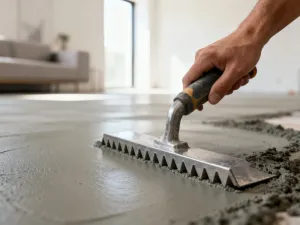 Białe płatki sody kaustycznej na laboratoryjnej powierzchni obok metalowej łopatki.