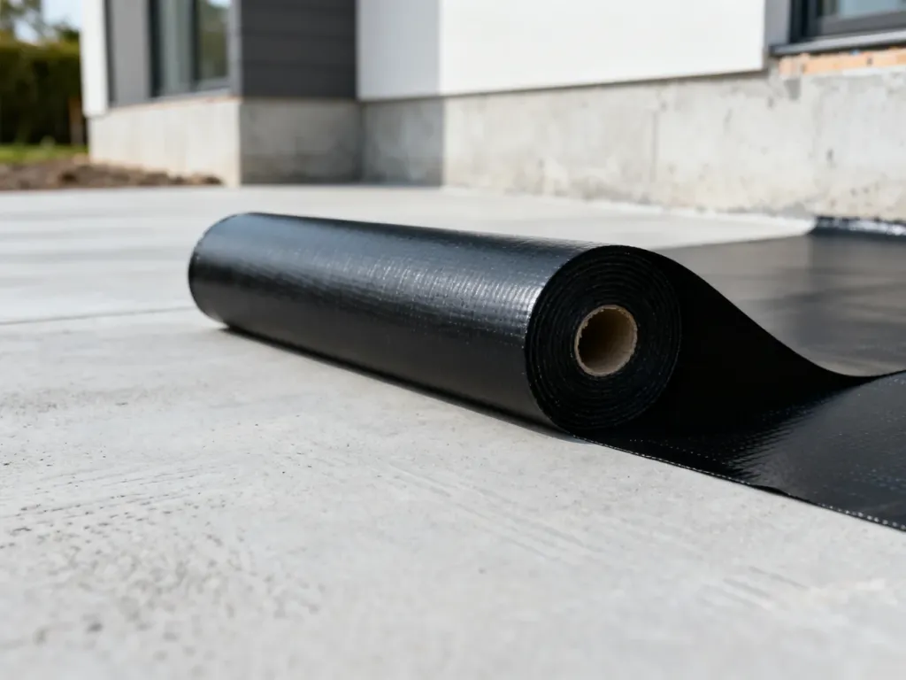 Rolka czarnej papy bitumicznej na betonowym podłożu, przygotowana do wykonania izolacji przeciwwilgociowej fundamentów.
