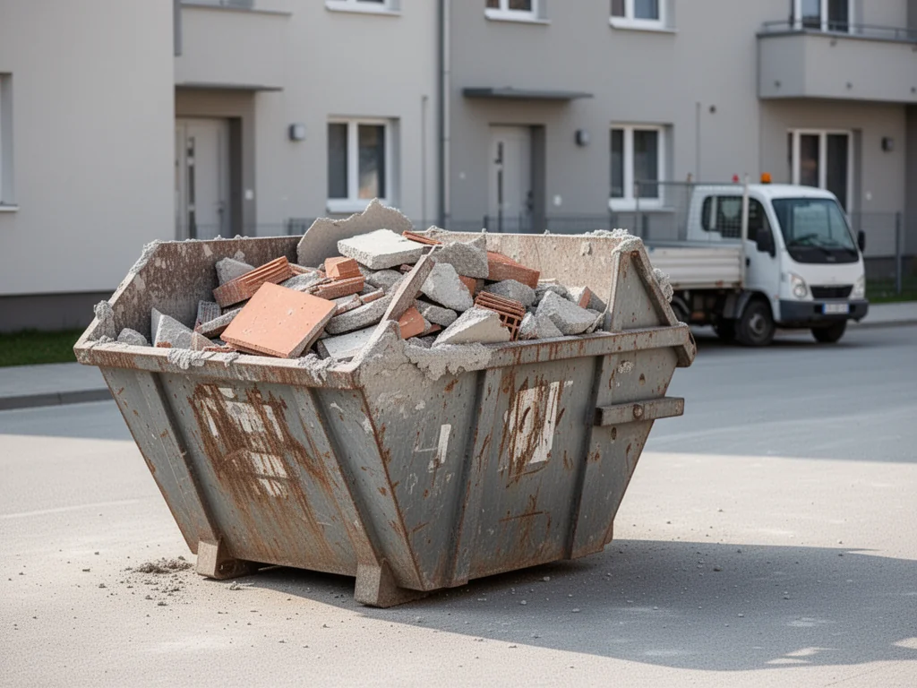 Kontener na gruz wypełniony odpadami budowlanymi przed budynkiem mieszkalnym, ilustrujący usługę wywozu i wynoszenia gruzu.