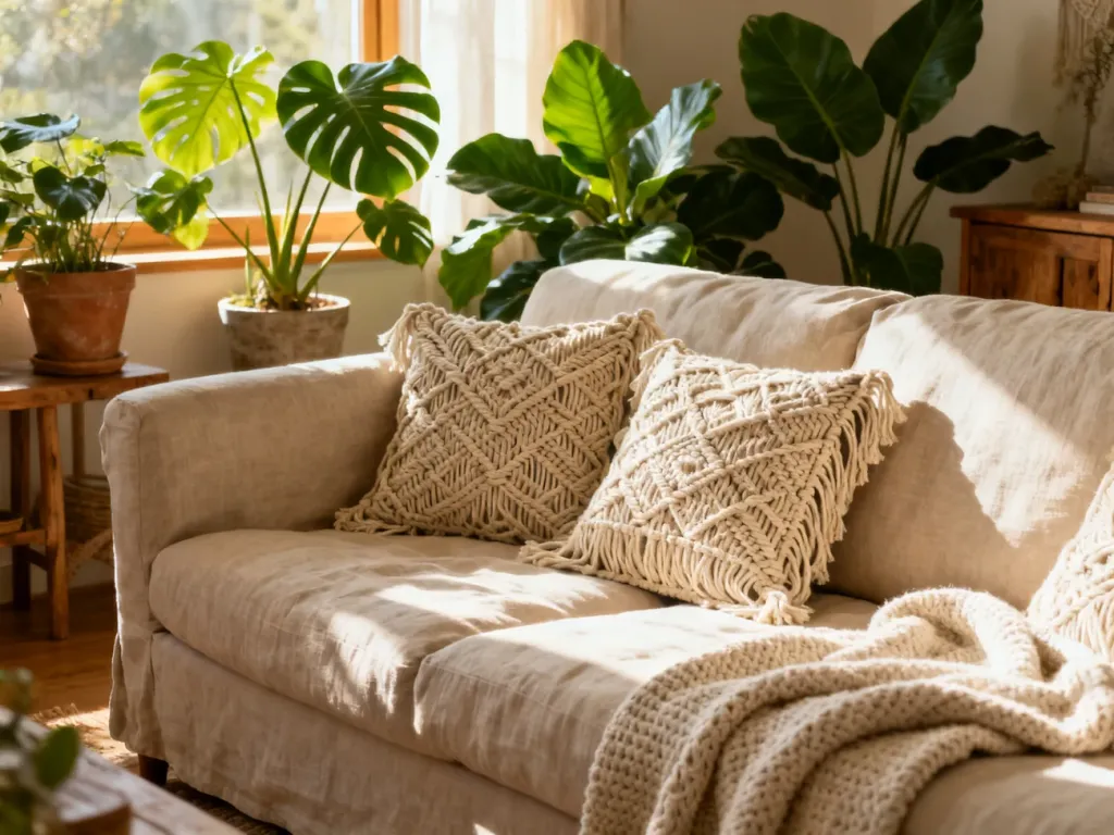 Przytulny salon w stylu boho z beżową sofą, makramowymi poduszkami, naturalnym drewnem i licznymi roślinami doniczkowymi.