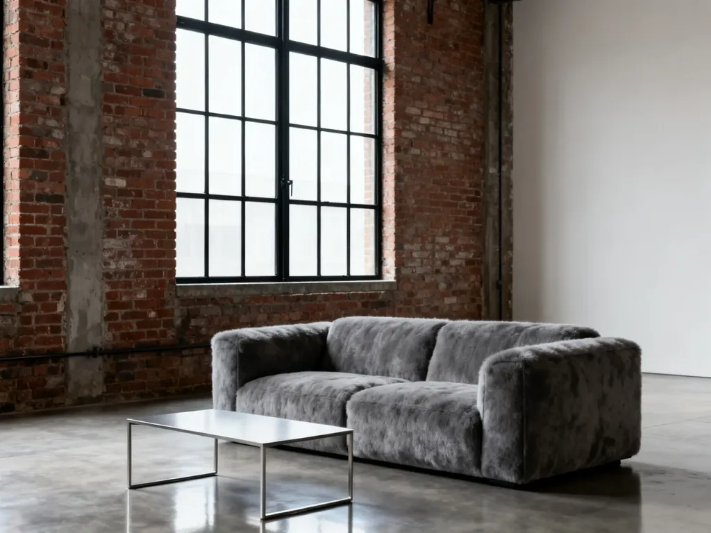 Nowoczesny salon w stylu industrialnym z ceglaną ścianą, szarą sofą i dużym oknem w czarnej ramie.