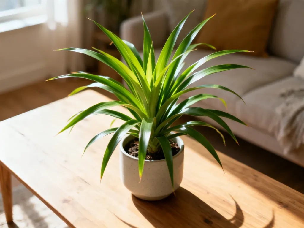 Zielona dracena w ceramicznej doniczce na drewnianym stole w przytulnym, nasłonecznionym salonie.