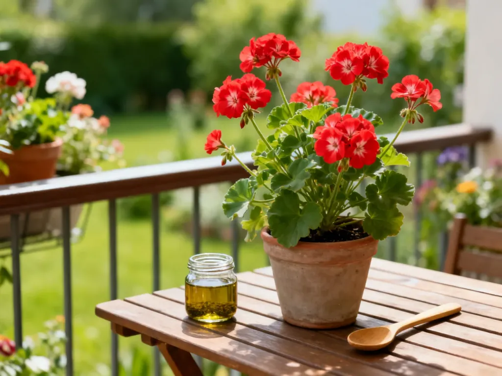 Kwitnąca pelargonia w doniczce na balkonie obok słoiczka z domowym płynnym nawozem, w tle rozmyty ogród.